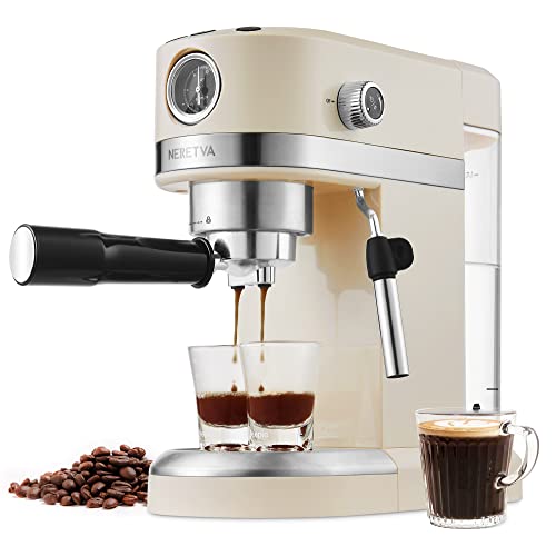 Neretva 20 Bar Espresso Coffee Machine with Steam Wand for Latte Espresso and Cappuccino, Compact Espresso Maker For Home Barista, 1350W Premium Italian High Pressure – Beige