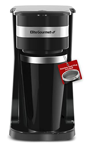 Elite Gourmet EHC113 Personal Single-Serve Compact Coffee Maker Brewer Includes 14Oz. Stainless Steel Interior Thermal Travel Mug, Compatible with Coffee Grounds, Reusable Filter, Black