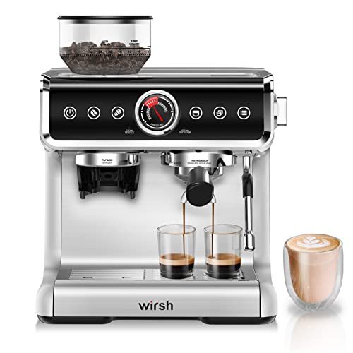 wirsh Espresso Machine with Coffee Grinder-15 Bar Bean to Cup Espresso Coffee Maker with Conical Coffee Grinder,Tamper and Frothing Pitcher for Latte,Cappuccino,Expresso Coffee Machine,Touch Control