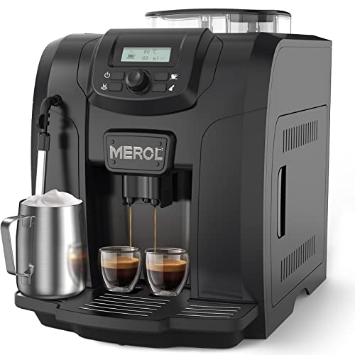 MEROL Automatic Espresso Coffee Machine, 19 Bar Barista Pump Coffee Maker with Grinder and Manual Milk Frother Steam Wand for Cappuccino Latte Macchiato, Black