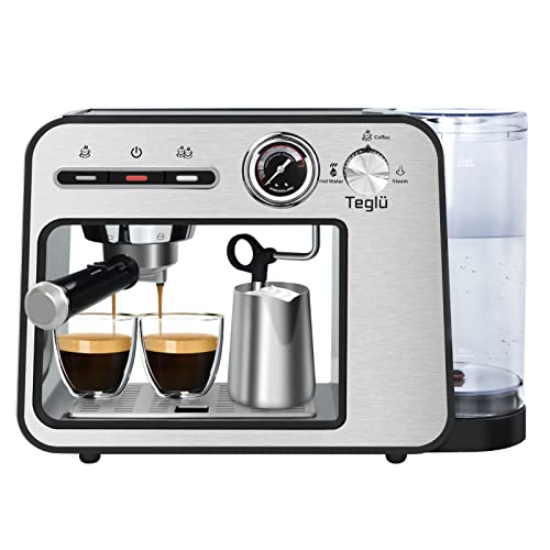 Teglu Espresso Machine 20 Bar with Milk Frother, Semi-Automatic Latte & Cappuccino Coffee Maker Duo-cup 33oz/1L Removable Water Tank for Home/Office, 1450W, ST-693B, Stainless Steel-Black