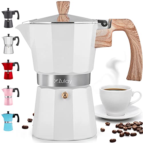 Zulay Classic Stovetop Espresso Maker for Great Flavored Strong Espresso, Classic Italian Style 12 Espresso Cup Moka Pot, Makes Delicious Coffee, Easy to Operate & Quick Cleanup Pot (White)