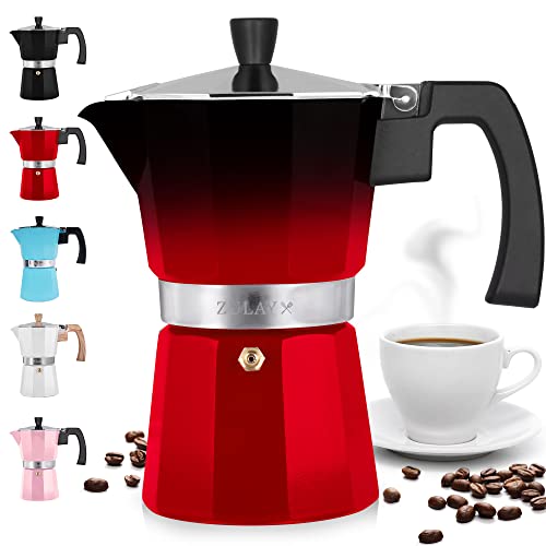 Zulay Classic Italian Style 5.5 Espresso Cup Moka Pot, Classic Stovetop Espresso Maker for Great Flavored Strong Espresso, Makes Delicious Coffee, Easy to Operate & Quick Cleanup Pot (Black/Red)