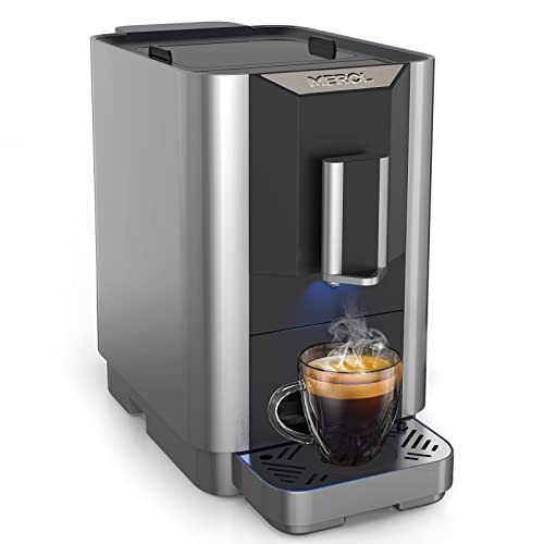 MEROL Super Automatic Espresso Coffee Machine, 19 Bar Barista Pump Coffee Maker with Adjustable Grinder, Touch Screen, Silver