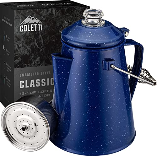 COLETTI Classic Camping Coffee Percolator – Camping Coffee Pot – 12 Cup Enamelware Percolator Coffee Pot for Campsite, Cabin, Hunting, Fishing, Backpacking, & RV
