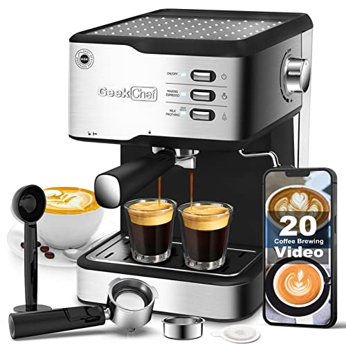Geek Chef Espresso Machine 20 Bar, Cappuccino latte Maker Coffee Machine with ESE POD capsules filter&Milk Frother Steam Wand, 1.5L Water Tank, for Home Barista, Stainless steel 950W, Grey