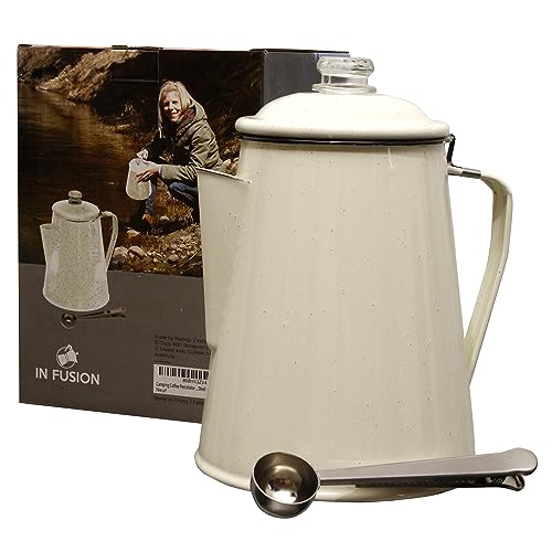 IN FUSION Camping Boiler Enamel Coating And Glass Cap For Backpacking, Campsite, Kitchen, Over Stove And Pot Makes 12 Cups Comes With Stainless Steel Spoon (Beige)