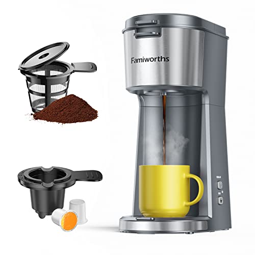 Famiworths Single Serve Coffee Maker for K Cup & Ground Coffee, With Bold Brew, One Cup Coffee Maker, 6 to 14 oz. Brew Sizes, Fits Travel Mug, Grey