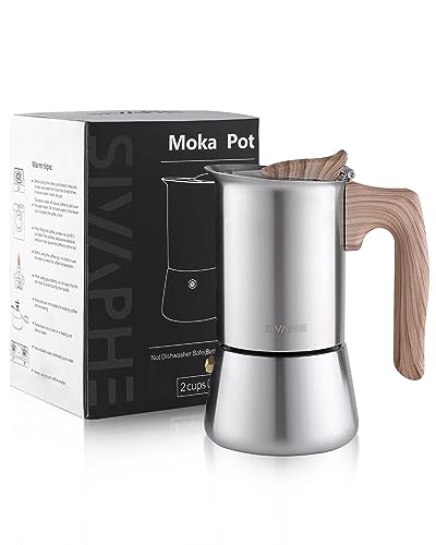 Sivaphe Stovetop Espresso Maker Stainless-Steel, 2 Cups Coffee Maker Induction Moka Pot, 100ml Moka Campaing Coffee Pot, Induction Italian Mocha Pot with Step-by-step Instructions(1 Cup=50ml)
