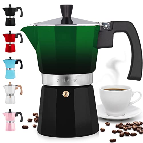 Zulay Classic Italian Style 5.5 Espresso Cup Moka Pot, Classic Stovetop Espresso Maker for Great Flavored Strong Espresso, Makes Delicious Coffee, Easy to Operate & Quick Cleanup Pot (Green/Black)