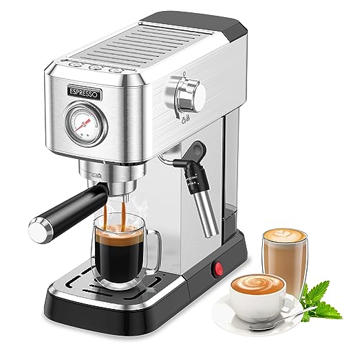 QIKI Espresso Machine 20 Bar, Professional Espresso Maker with Milk Frother Steam Wand for Latte and Cappuccino, Compact Stainless Steel Espresso Coffee Machine with 40oz Removable Water Tank for Home