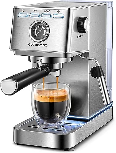 Cozeemax Espresso Machine, 20Bar Compact Espresso and Cappuccino Maker with Milk Frother Wand, Professional Espresso Coffee Machine for Cappuccino and Latte, Stainless Steel