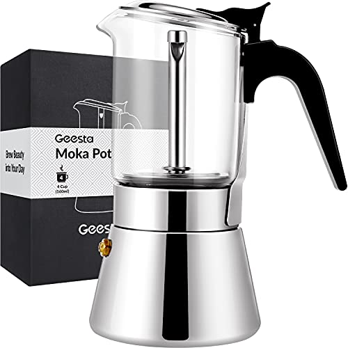 GEESTA Premium Crystal Glass-Top Stovetop Espresso Moka Pot – 4 / 6/ 9 Cups – Stainless Steel Coffee Maker- 160ml/5.6oz/4 cup (esHimpresso cup=40ml)- Valentines Day Gifts