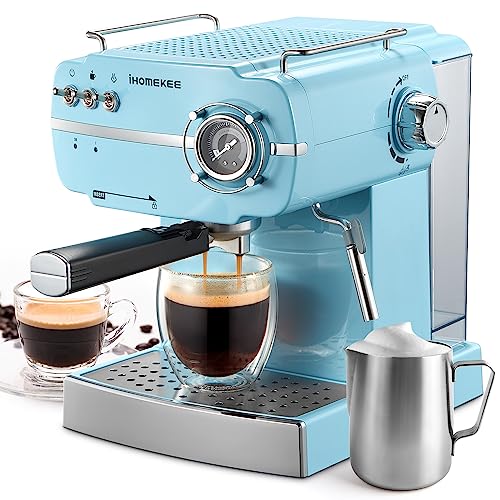 Ihomekee Espresso Machine, Retro Style Espresso Coffee Maker with Fast Heating Automatic, Latte & Cappuccino Maker with Milk Frother Steam Wand, Pressure Gage, Aqua – CM6885A (Retro Style Aqua)