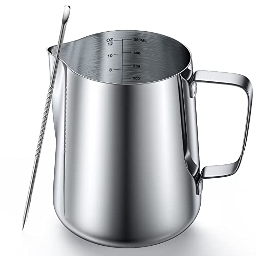 12 Ounces Stainless Steel Milk Frothing Pitcher, Measurements on Both Sides, Espresso Machine Accessories, Latte Art Cup with Insulated Handle, Creamer Pitcher for Single-Serve, No-drip or Spillage