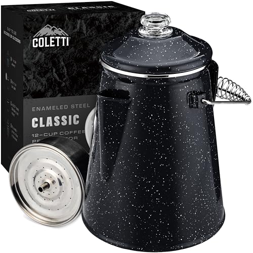 COLETTI Classic Enamel Coffee Percolator (Black, 12 Cup) — The Original Camping Coffee Maker Made Modern — Essential for the Campsite Brewmaster – Camping Coffee Percolator