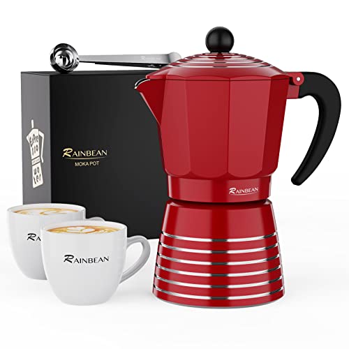RAINBEAN Moka Pot 6 Cup Set, 11 oz / 300ml Stovetop Espresso Maker, Italian Cuban Greca Coffee, Aluminum Ripple Ring Design – Easy To Use & Clean (Red, Perfect Gifts for Coffee Lovers)
