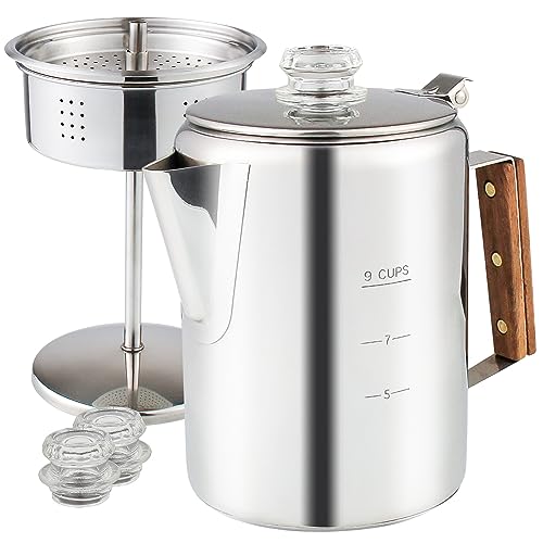APOXCON Multi Use Coffee Percolator With Two Glass Knobs, Stainless Steel Coffee Pot for Indoor Induction Cooktop, Electric Stove, Outdoor Campfire Stovetop 9 Cup