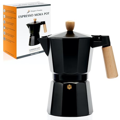 Elegant Foodie Cuban Coffee Maker – Espresso Moka Pot For Classical Taste Italian Coffee Enthusiast – Quality Espresso Maker Stove Top – Black Mocha Pot Wood Handle – Greca Coffee Maker