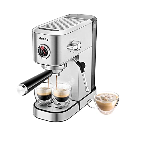 Mecity 20 Bar Espresso Machine With Frother, Compact Design, 37 Oz Removable Water Tank, Cappuccino Maker, Mocha, Latte, Stainless Steel, 120V, 1350W