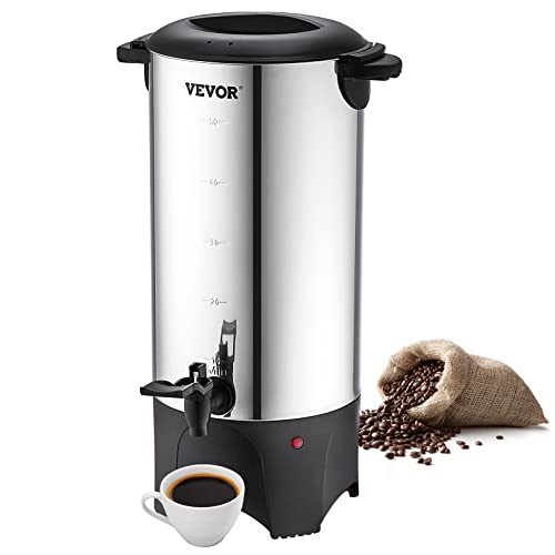 VEVOR Commercial Coffee Urn, 50 Cups Stainless Steel Large Coffee Dispenser, 1000W 110V Electric Coffee Maker Urn For Quick Brewing, Hot Water Urn with Detachable Power Cord for Easy Cleaning, Silver