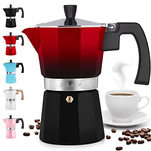 Zulay Classic Italian Style 6 Espresso Cup Moka Pot, Classic Stovetop Espresso Maker for Great Flavored Strong Espresso, Makes Delicious Coffee, Easy to Operate & Quick Cleanup Pot (Red/Black)