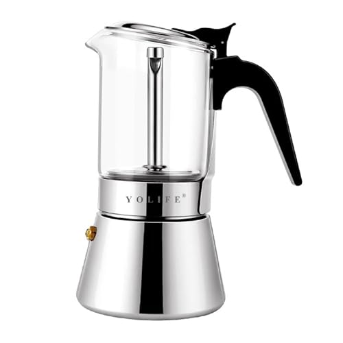 YOLIFE Premium Crystal Glass Top Stovetop Espresso Moka Pot – 4 Cups Stainless Steel Coffee Maker 160ml/5.4oz