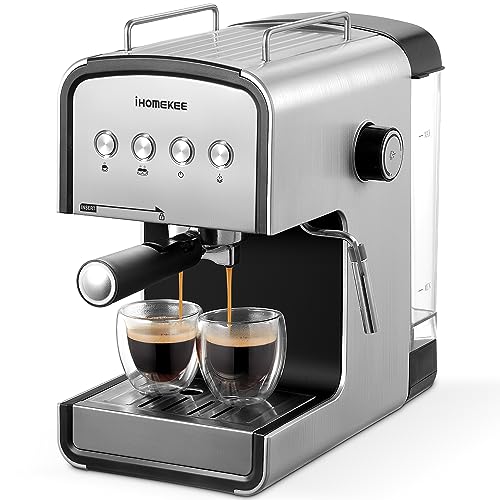 Ihomekee Espresso Machine 15 Bar, Coffee Maker for Cappuccino and Latte Maker with Milk Frother Steam Wand, Fast Heating Coffee Machine for Home, Office – CM6822, Silver+Black