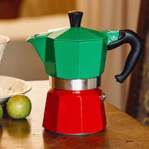 Coffee Pot, Moka Pot Italian Coffee Maker 6 cup/10 OZ Stovetop Espresso Maker for Gas or Electric Ceramic Stovetop Camping Manual Cuban Coffee Percolator for Cappuccino or Latte- Green+Red