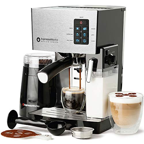 EspressoWorks 19-Bar Espresso, Cappuccino and Latte Maker 10-Piece Set – Brew Cappuccino and Latte with One Button – Espresso Machine with Milk Steamer 1250W – Coffee Gifts (Silver)