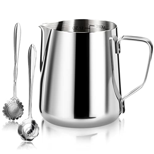 Milk Frothing Pitcher, Espresso Steaming Pitcher 12oz, Espresso Machine Accessories, Stainless Steel Milk Coffee Cappuccino Barista Steam Pitchers Milk Jug Cup with Spoons