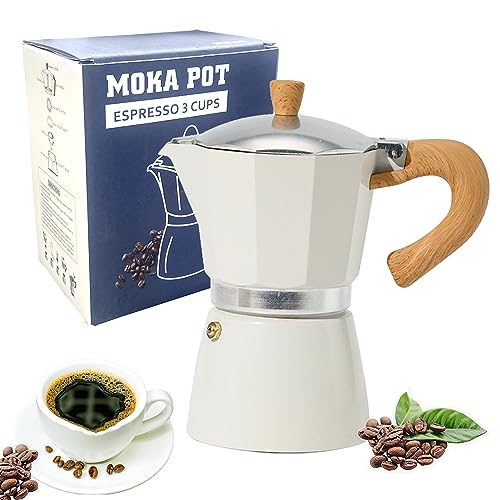 ORIJOYNA Aluminium Stovetop Espresso Maker – 3 Espresso Cups – 5 oz Moka Pot Italian Coffee Pot Espresso Maker for Gas and Electric Stove（White）