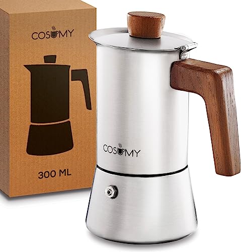 Cosumy Stovetop Espresso Maker – Stainless Steel & Sustainable Oak Coffee Maker – 6 Cups – Induction compatible – 10.14oz – Moka Pot Italian Espresso