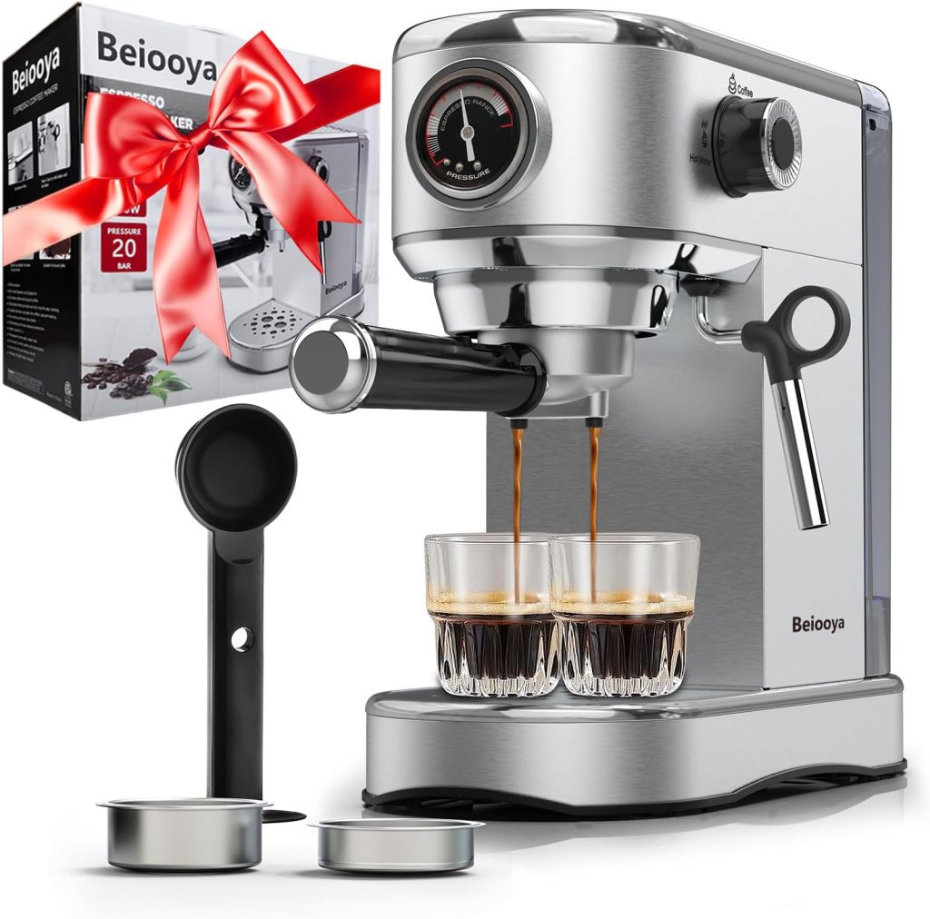 Beiooya Espresso Machine 20 Bar, Espresso Maker with Milk Frother Steam Wand, Professional Stainless Steel Coffee Machine with 37oz Water Tank for Home Cappuccino, Latte, Mom Dad Coffee Lovers Gifts