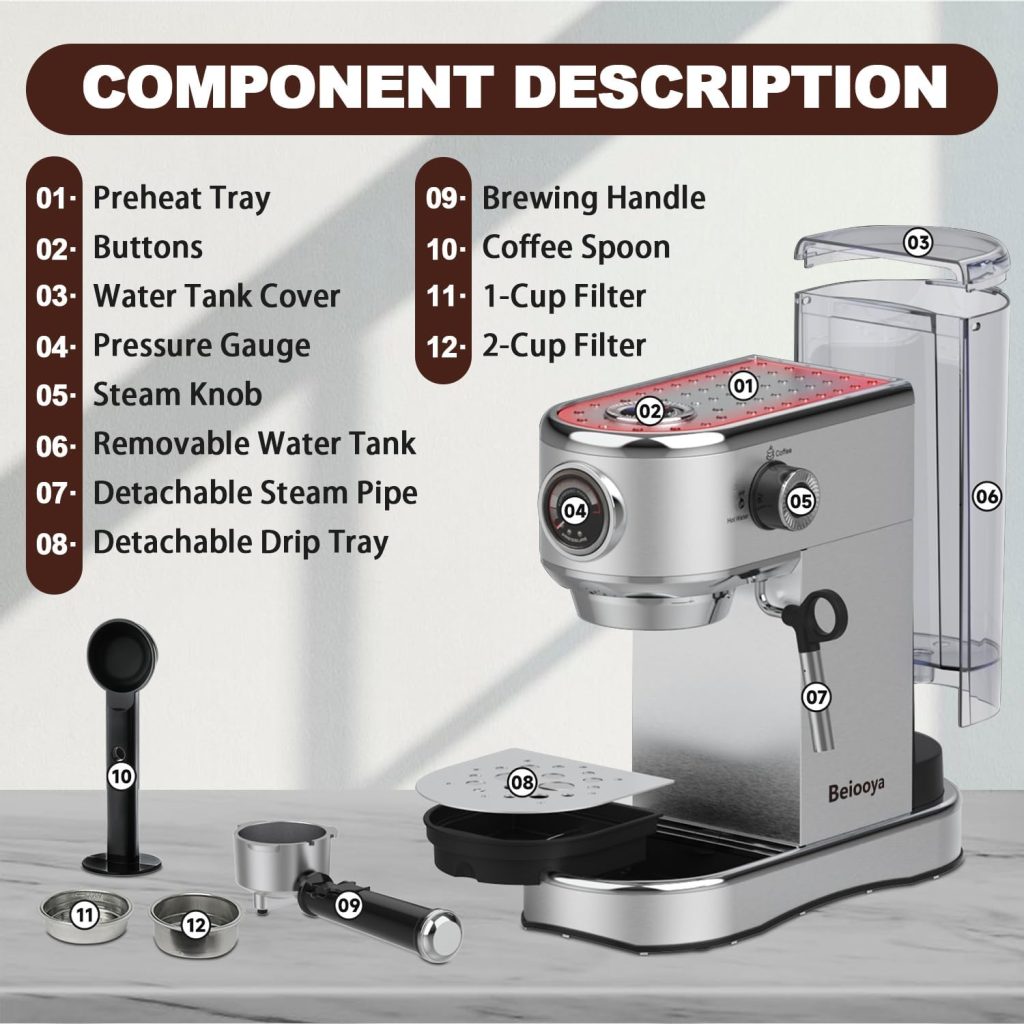Beiooya Espresso Machine 20 Bar, Espresso Maker with Milk Frother Steam Wand, Professional Stainless Steel Coffee Machine with 37oz Water Tank for Home Cappuccino, Latte, Mom Dad Coffee Lovers Gifts