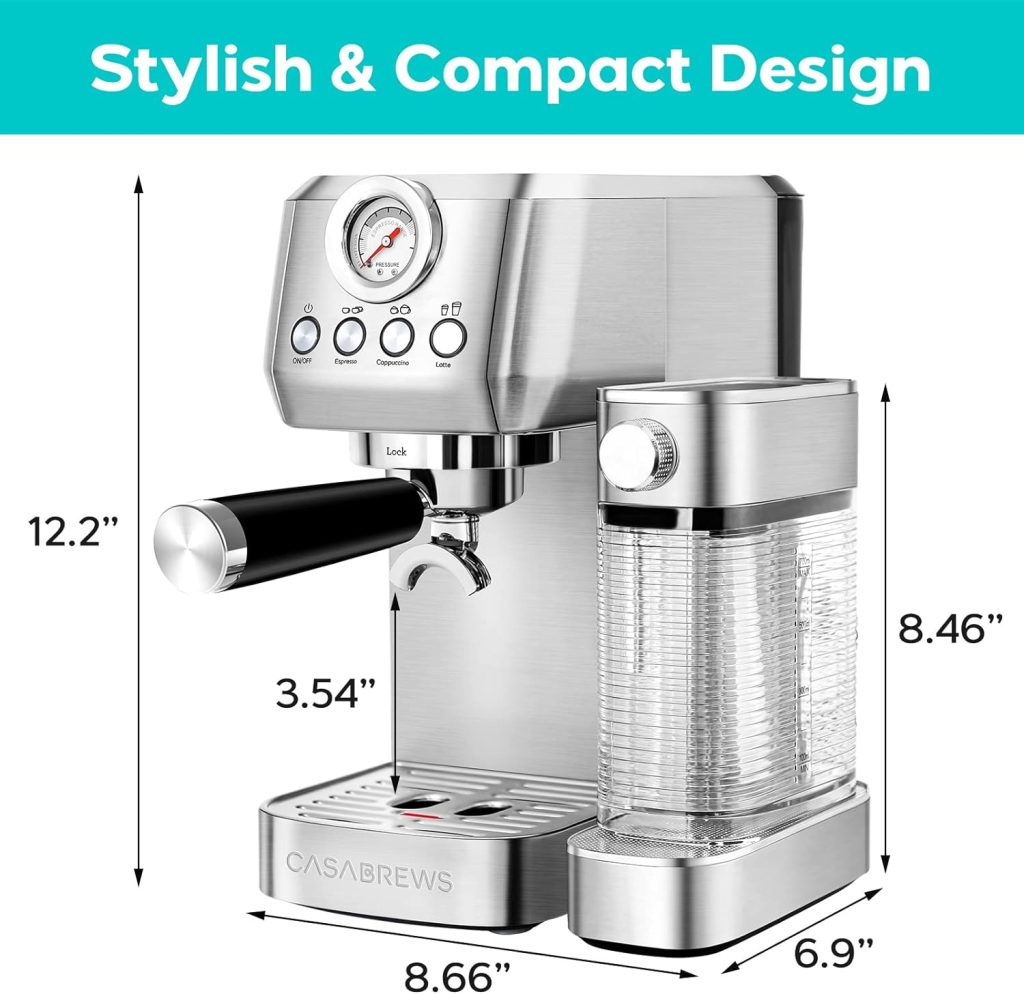 CASABREWS Espresso Machine 20 Bar, Compact Cappuccino Machine with Automatic Milk Frother, Stainless Steel Espresso Maker With 49 oz Removable Water Tank for Cappuccino or Latte, Gift for Coffee Lover