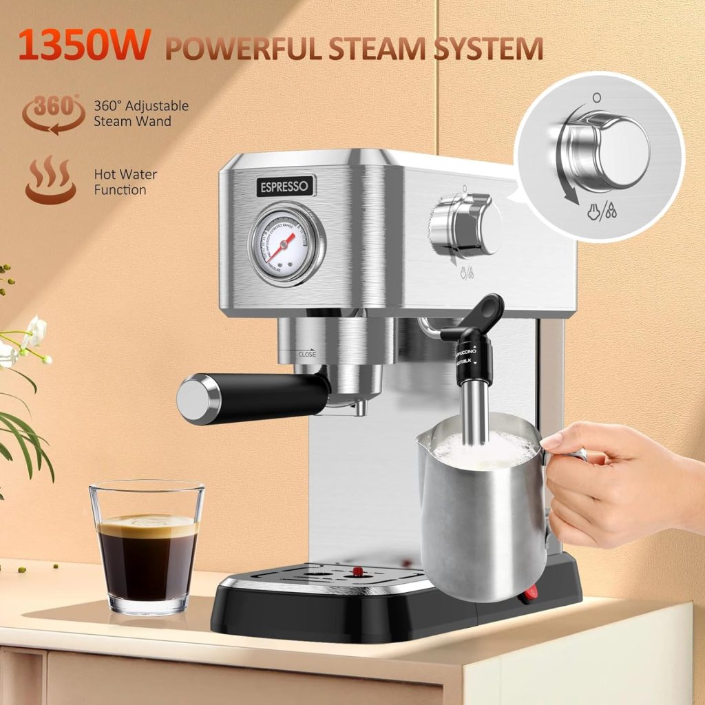 Cercisu Espresso Machine, 20 BAR Espresso Maker with Milk Frother Steam Wand for Latte and Cappuccino, Compact Stainless Steel Espresso Coffee Machine with 40oz Removable Water Tank for Home