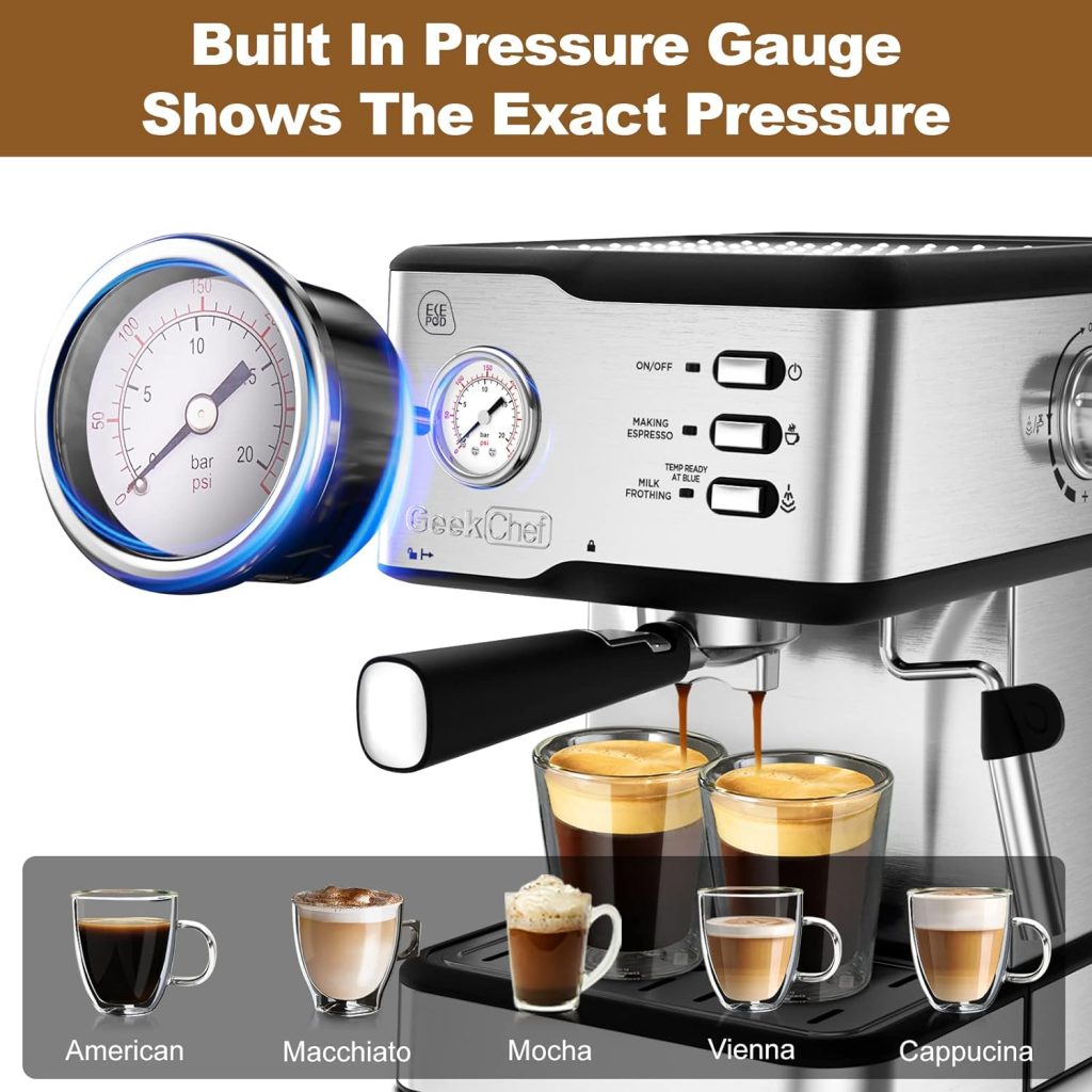 Geek Chef Espresso Machine 20 Bar, Cappuccino latte Maker Coffee Machine with ESE POD capsules filterMilk Frother Steam Wand, 1.5L Water Tank, for Home Barista, Stainless steel 950W, Black