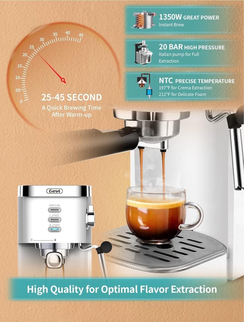 Gevi Espresso Machine, Espresso Maker with Milk Frother Steam Wand, Compact Espresso Super Automatic Espresso Machines for home with 34oz Removable Water Tank for Cappuccino, Latte
