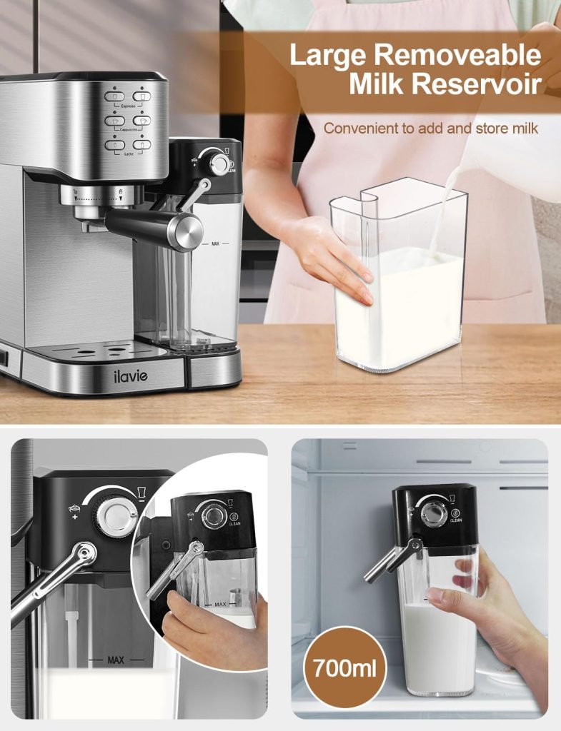 ILAVIE 6-in-1 Espresso Coffee Machine Built-In Automatic Milk Frother, 20 Bar Espresso Cappuccino Latte Maker with 34 oz Removeable Water Tank, Ideal for Home Use, Stainless Steel