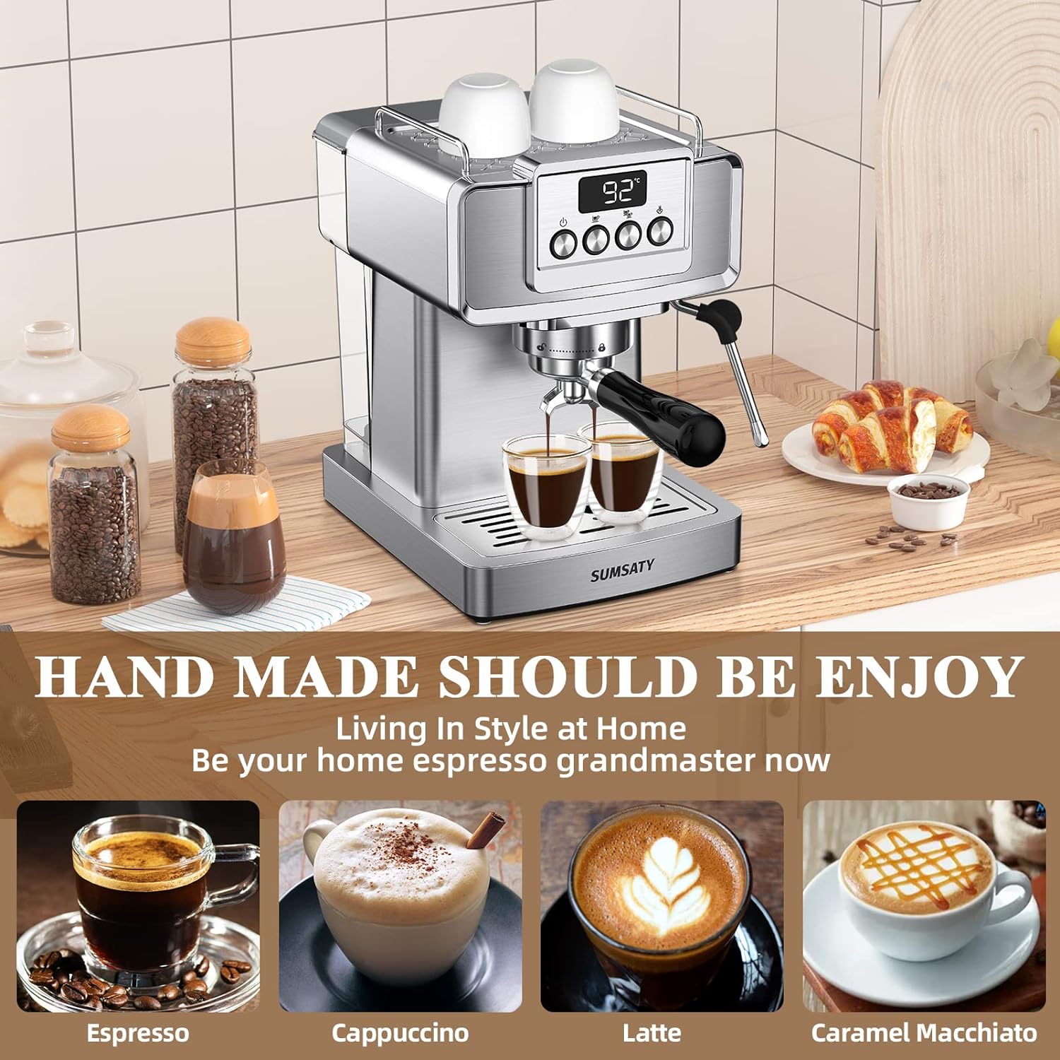 SUMSATY Espresso Machine, Stainless Steel Espresso Machine with Milk Frother for Latte, Cappuccino, Machiato,for Home Espresso Maker, 1.8L Water Tank, 20 Bar
