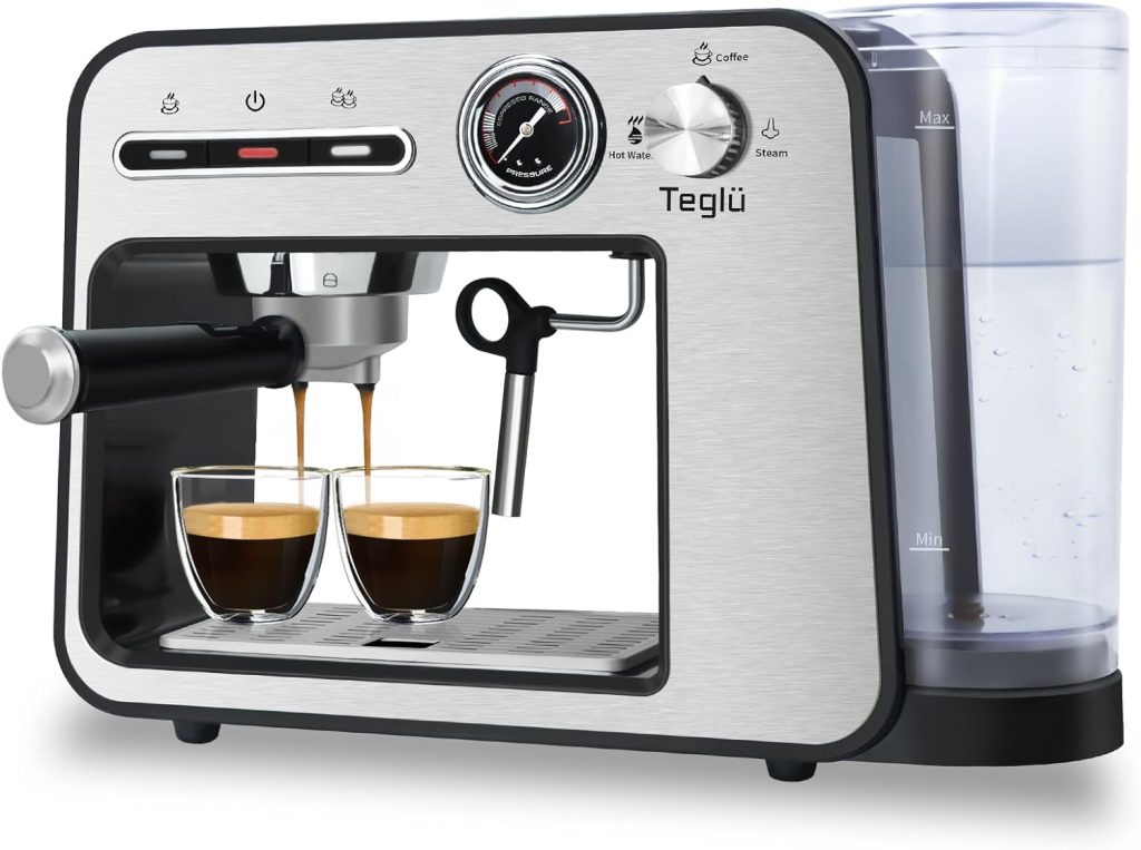 Teglu Espresso Machine 20 Bar with Milk Frother, Semi-Automatic Latte Cappuccino Coffee Maker Removable Water Tank 33oz/1L for Home/Office, ST-693B, 1450W, Stainless Steel