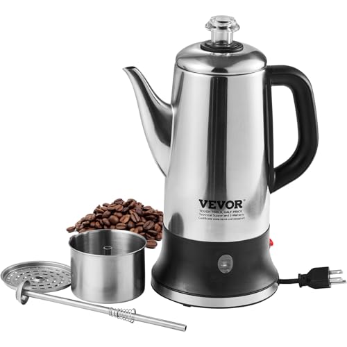 VEVOR 12-Cup Electric Percolator Coffee Pot, 304 Stainless Steel Coffee Percolator with Keep Warm Function & Heat-Resistant Handle, Classic Coffee Maker, Quick Brew & Easy-Pour Spout, Silver