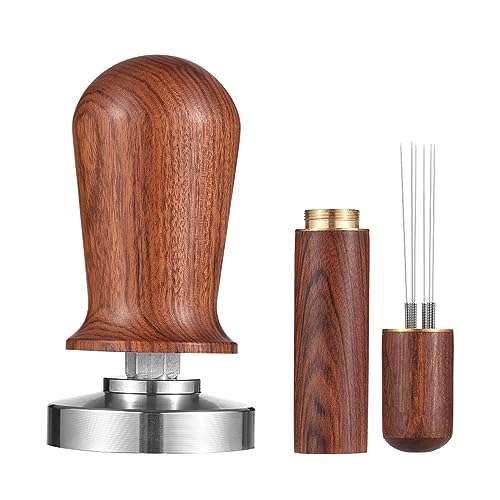 51mm Espresso Tamper, WDT Tool Set Coffee Calibrated Tamper with Excellent Quality Spring Loaded Flat 304 Stainless Steel Base Barista Wooden Handle Press, 6 Needles 0.4mm Espresso Distribution Tools