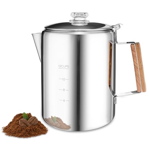 MEREZA Camping Percolator Coffee Pot 12 Cup Stove Top Coffee Percolator Non Electric Coffee Maker Camping Stainless Steel Coffee Pot Outdoors Home No Aluminum & Plastic Fast Brew