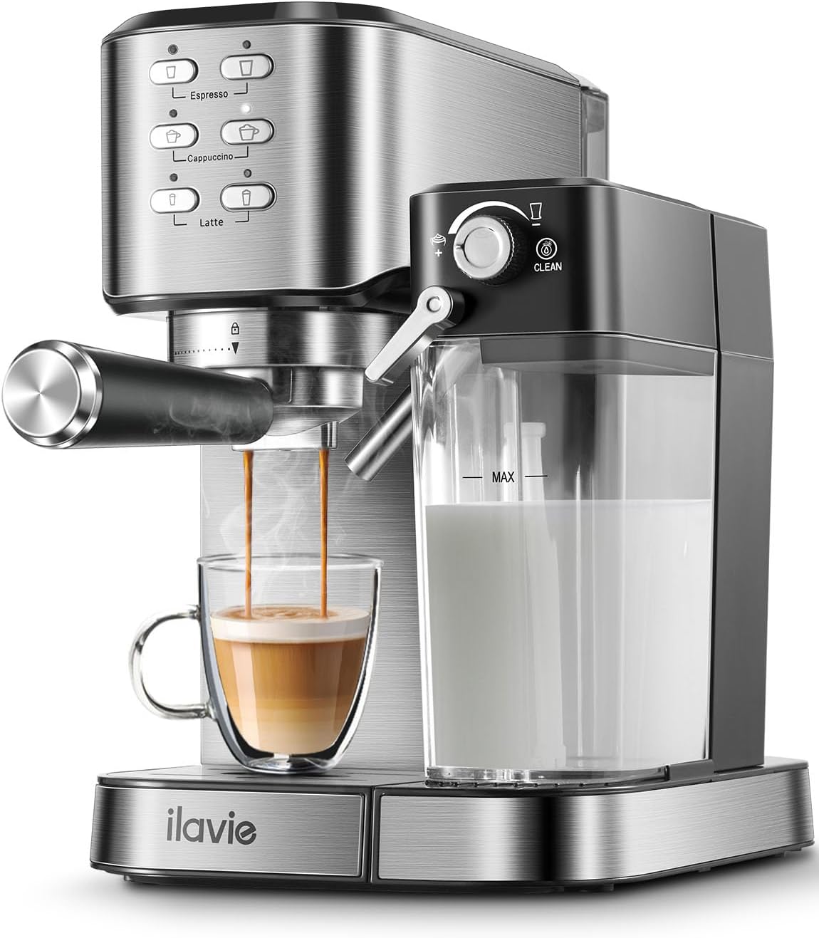 ILAVIE 6-in-1 Espresso Coffee Machine Built-In Automatic Milk Frother, 20 Bar Espresso Cappuccino Latte Maker with 34 oz Removeable Water Tank, Ideal for Home Use, Stainless Steel