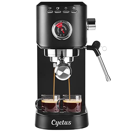 CYETUS Espresso Machines 20 Bar, Home Barista Compact Coffee Maker, with Milk Frother for Latte Cappuccino, Pressure Gauge, Stainless Steel, Black