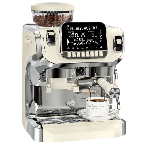 TWLITE Espresso Machine With Grinder, Professional Espresso Maker with Milk Frother Steam Wand, 15 Bar Barista Cappuccino Machine with LCD Display for Lattes (beige)