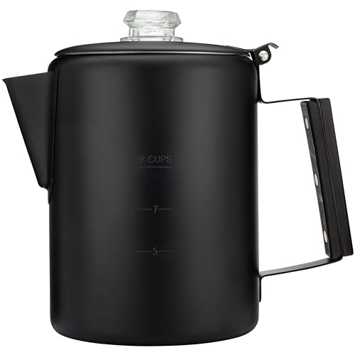 COLETTI Bozeman Camping Coffee Pot — Black Percolator Coffee Pot — Pure Stainless Steel w/Black Coating – Camping Coffee Maker (9 CUP, Black) – Dishwasher Safe, Aluminum & Plastic Free