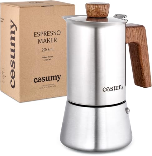 Cosumy Moka Pot – Stainless Steel & Sustainable Oak Espresso Maker – 4 Cups, 6.7 oz – Suitable for Induction and All Stovetop Types – Italian & Cuban Coffee Brewing